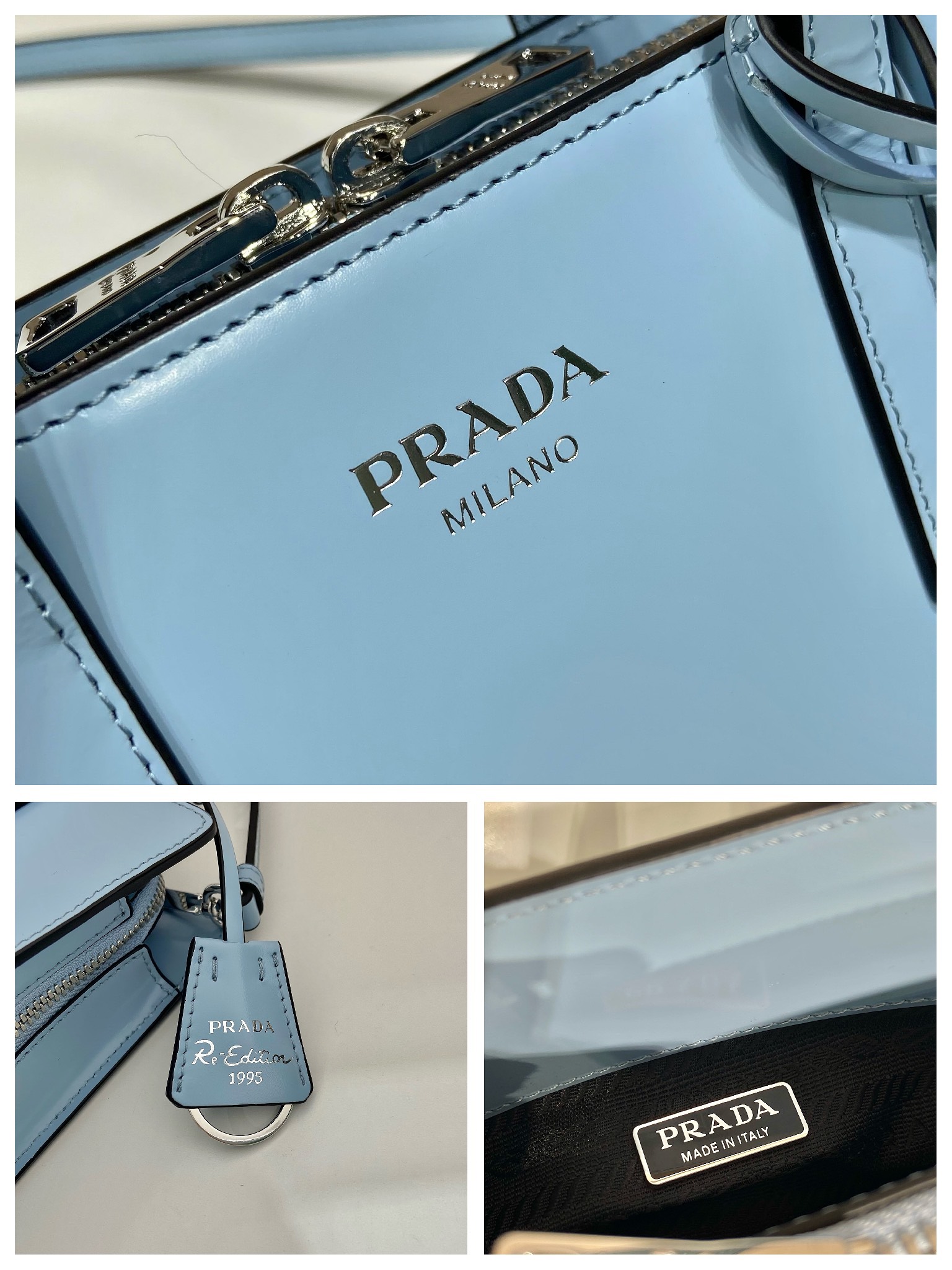 Prada Mini Re Edition 1995 Brushed Leather Handbag Bag Celeste 1BA357